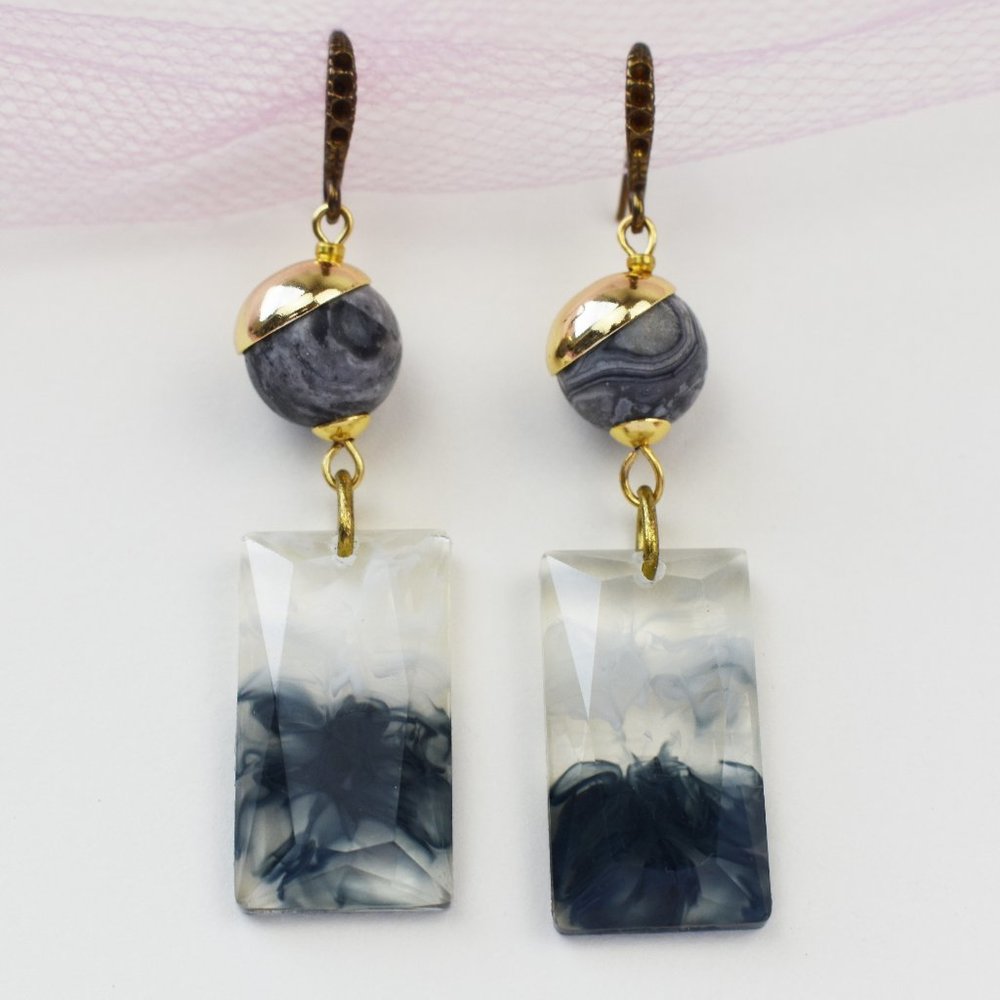 Black and white ink resin earrings, medium size clear acrylic earrings